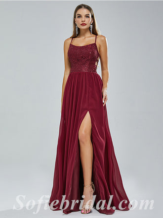 Sexy Sequin Top Chiffon Bottom Spaghetti Straps Criss Cross A-Line Long Prom Dresses,SFPD0339