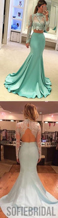 Pretty Two Pieces High Neck Long Sleeve Lace Prom Dress, Sexy Mermaid Prom Dress,PD0210