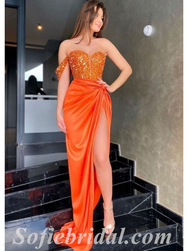 Sexy Orange Sequin Top Satin Bottom One Shoulder Sleeveless Side Slit Mermaid Long Prom Dresses,SFPD0551