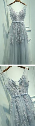 Simple Design Lace Beaded Long A-line Tulle V-back Zip Up Prom Dresses, PD0295