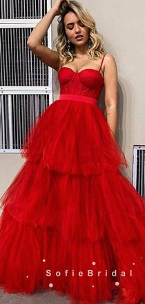 A-Line Sweetheart Spaghetti Straps Red Tulle Long Prom Dresses,SFPD0003