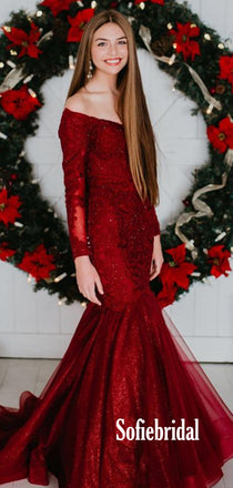 Sexy Off-shoulder Long Sleeve Mermaid Long Prom Dresses,SFPD0093