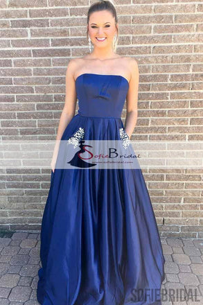 Straight A-line Satin Prom Dresses With Pockets, Simple Design Cheap Prom Dresses, PD0460