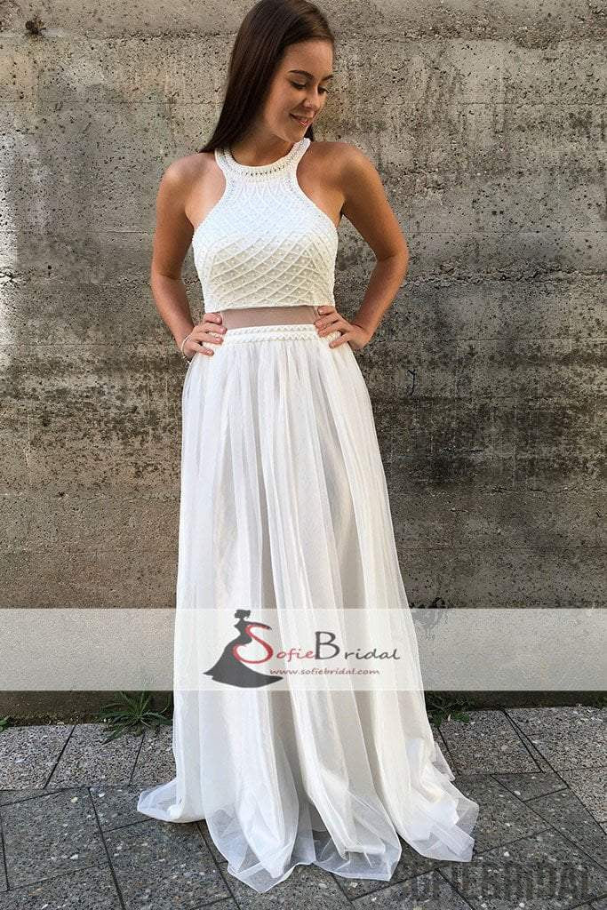 White Beaded Top Tulle A-line Prom Dresses, Lovely Open Back Prom Dress, Prom Dresses, PD0469