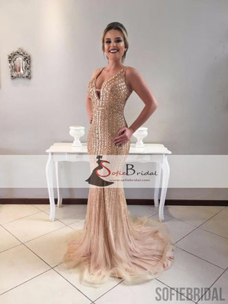 Sparkle Rhinestone Tulle Prom Dresses, Affordable Sexy Mermaid Prom Dresses, PD0417