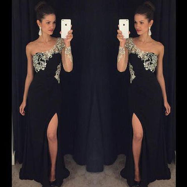 One Shoulder Black Jersey Side Slit Rhinestone Prom Dresses, See Through Long Prom Dresses, PD0314
