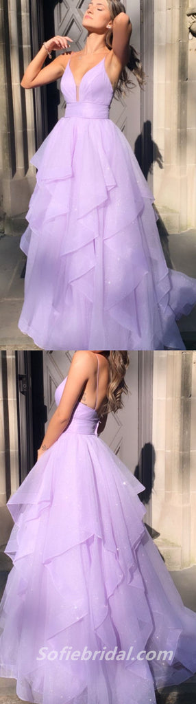 Elegant Purple Tulle Spaghetti Straps V-Neck A-Line Long Prom Dresses,SFPD0332