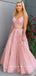 A-Line V-Neck Spaghetti Straps Two Pieces Tulle Long Prom Dresses With Lace,SFPD0031