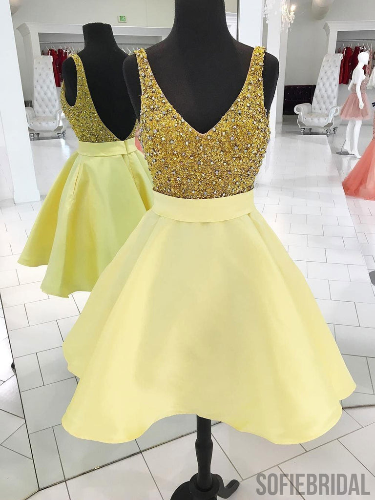 V Neck Yellow Beaded Backless Cheap Cute Simple Homecoming Dresses 2018, CM467