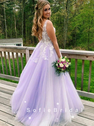 A-Line V-Neck Sleeveless Tulle Long Prom Dresses With Lace,SFPD0032