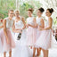 Junior Pretty Off Shoulder Lace Small Round Neck Blush Pink Tulle Short Bridesmaid Dresses for Wedding Party, WG33