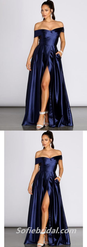 Elegant Satin Off Shoulder A-Line Split Long Prom Dresses With Pockets,SFPD0334