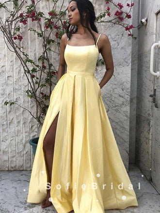New Arrival A-Line Spaghetti Straps Split Side Cheap Long Prom Dresses,SFPD0033