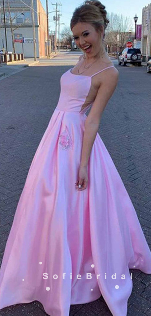 A-Line Spaghetti Straps Pink Cheap Floor Length Prom Dresses Online,SFPD0034