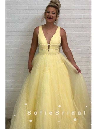 Shinny A-Line Deep V-Neck Sleeveless Tulle Long Prom Dresses With Beading,SFPD0035
