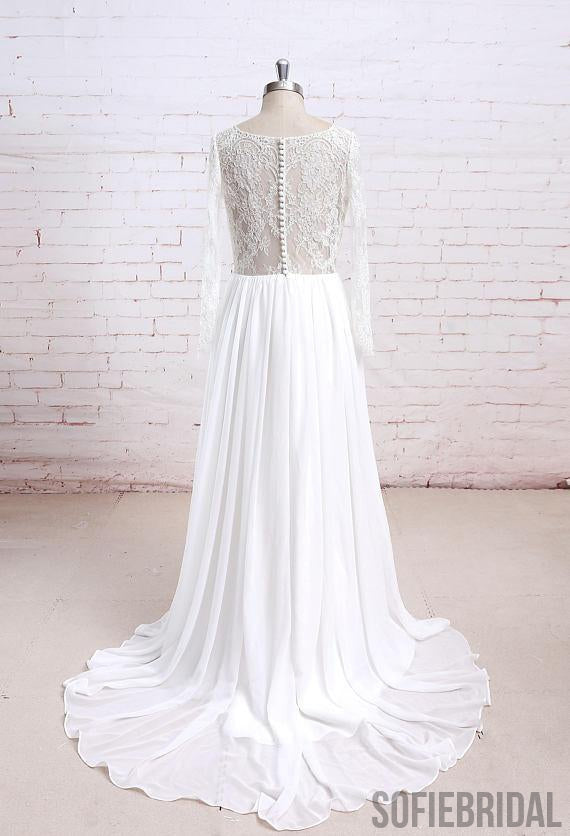 Long Sleeves Lace See Through Cheap Beach Wedding Dresses Online, WD380