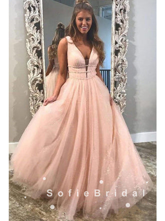 Shinny A-Line Deep V-Neck Sleeveless Tulle Long Prom Dresses With Beading,SFPD0035