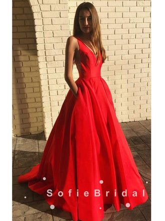 Simple A-Line V-Neck Sleeveless Red Long Prom Dresses With Pockets,SFPD0036