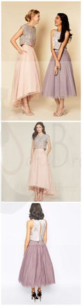 Pretty Two Pieces Cap Sleeve Sequin Top Organza Long Bridesmaid Dresses Cheap Prom Dresses, WG38