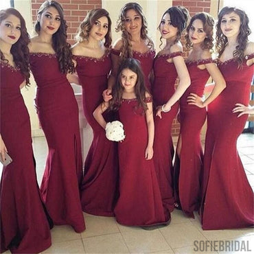Maroon Off Shoulder Long Mermaid Side Slit Beaded Bridesmaid Dresses, PD0240