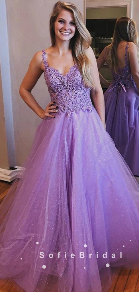 A-Line Sweetheart Straps Tulle Long Prom Dresses With Lace,SFPD0038
