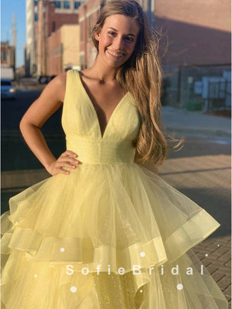 Newest A-Line V-Neck Sleeveless Yellow Tulle Long Prom Dresses,SFPD0039