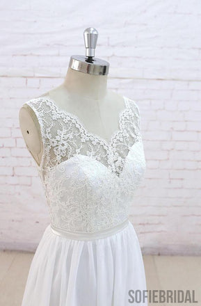 Lace See Through V Neck Cheap Beach Wedding Dresses Online, WD382