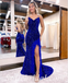 Sexy Charming Royal Blue Sequin Spaghetti Straps V-Neck Sleeveless Side Slit Mermaid Long Prom Dresses With Feather,SFPD0532