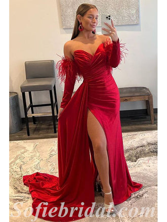 Sexy Satin Off Shoulder Long Sleeveless Side Slit Mermaid Long Prom Dresses With Trailing,SFPD0582