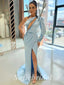 Sexy Blue Satin One Shoulder Long Sleeve Side Slit Mermaid Long Prom Dresses With Rhinestone,SFPD0701