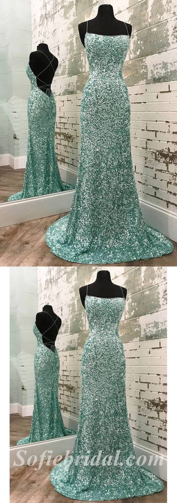 Sexy Shiny Mint Green Sequin Halter Sleeveless Criss Cross Mermaid Long Prom Dresses,SFPD0383