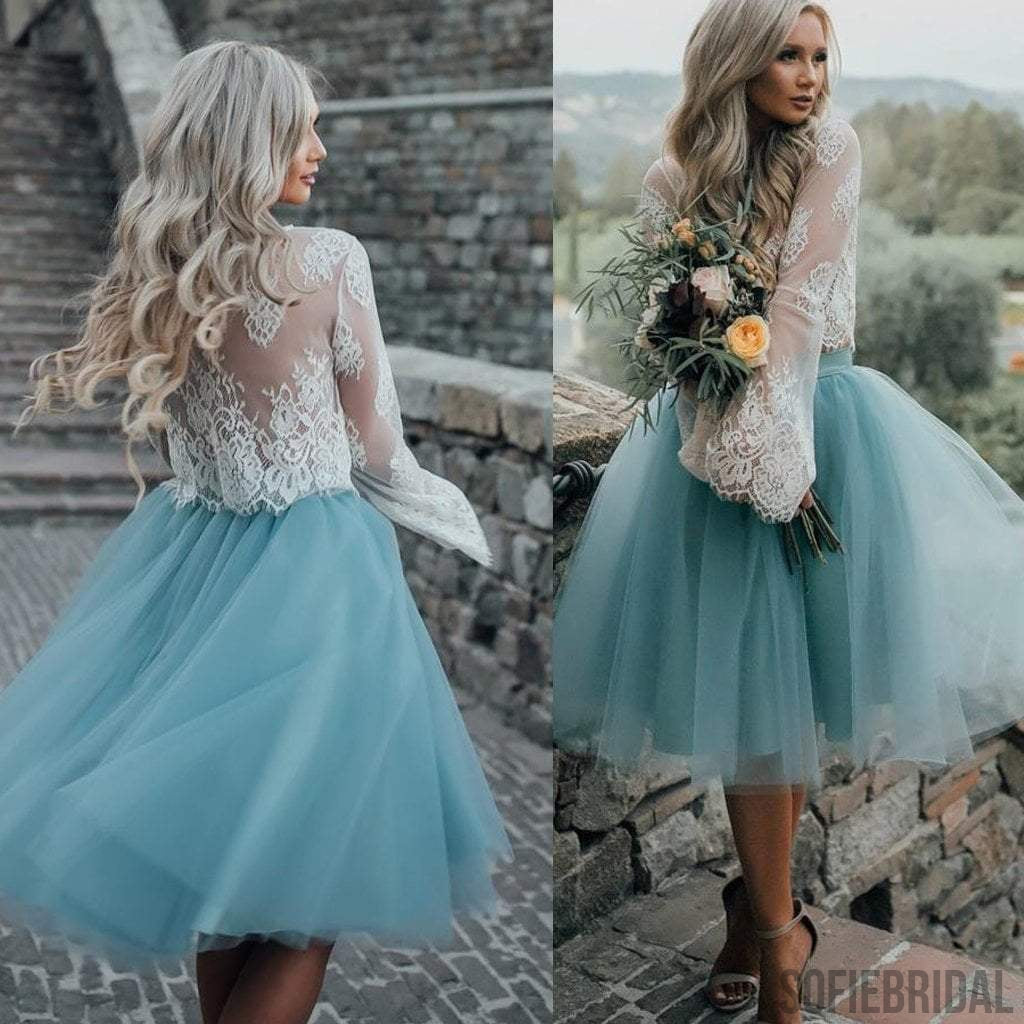 New Arrival Boho Style Long Sleeve See Through Lace Top  Blue Tulle Homecoming Dresses, SF0088