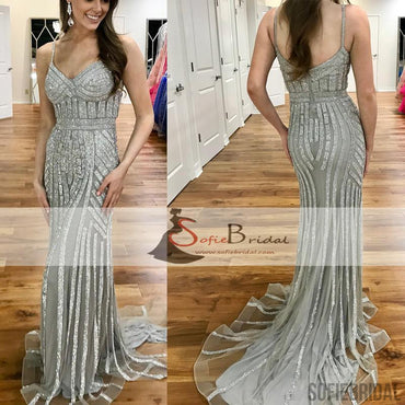 Silver Rhinestone Shiny Prom Dresses, Spaghetti Mermaid Prom Dress, Prom Dresses, PD0433