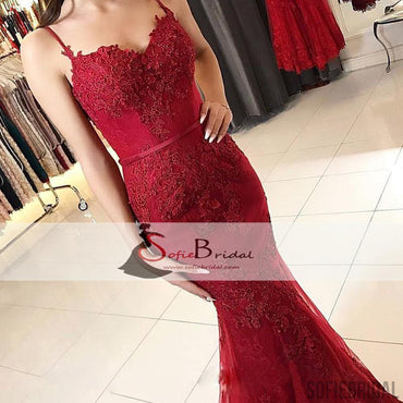 Red Lace Applique Prom Dresses Mermaid Long Prom Dresses, Spaghetti Prom Dresses, PD0443