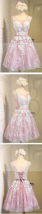 Off shoulder scoop neckline see through short pink homecoming prom dresses, CM0025