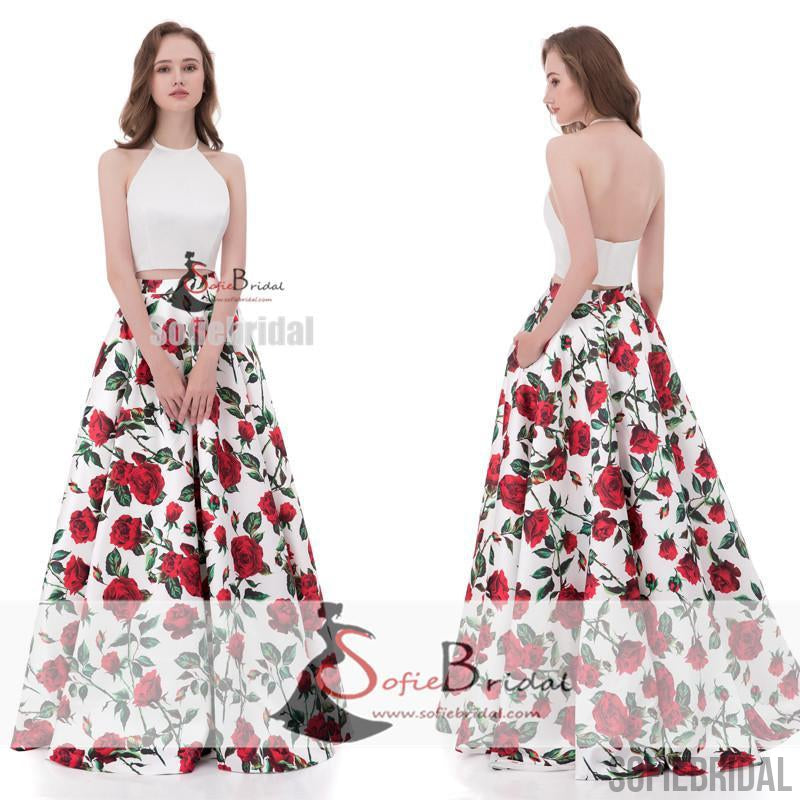 2 Pieces Halter White Top Printed Floral Formal Evening Gown, Long Prom Dresses, PD0371