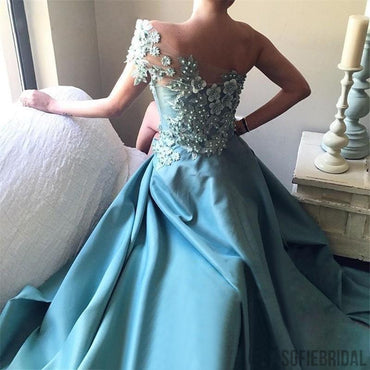One Shoulder Appliques Beaded Side Slit Long Prom Dresses, Prom Dresses, PD0763
