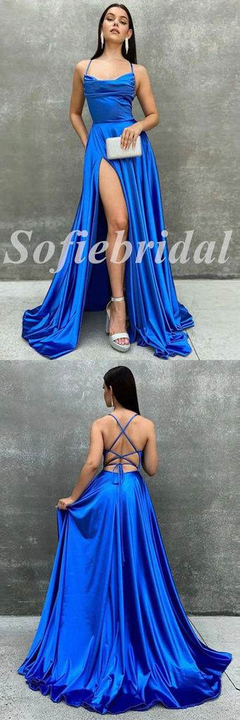 Sexy Satin Spaaghetti Straps sleeveless Lace Up Back Side Slit A-Line Long Prom Dresses, PD0827