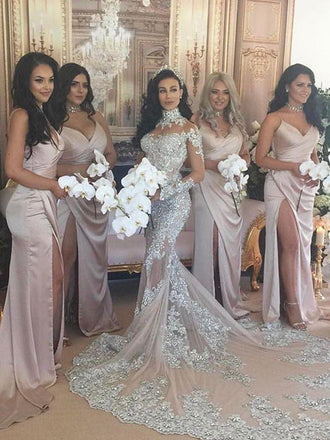 Sexy Spaghetti Side Slit Simple Design Long Bridesmaid Dresses, PD0293