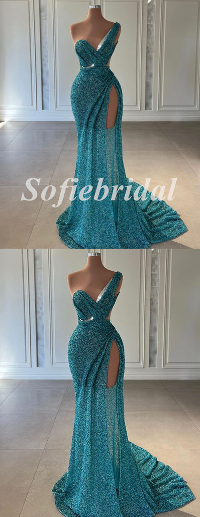 Sexy Tulle And Sequin Lace One Shoulder V-Neck Sleeveless Side Slit Mermaid Long Prom Dresses, PD0869