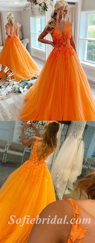 Elegant Orange Tulle Spaghetti Straps V-Neck A-Line Long Prom Dresses With Applique,SFPD0472