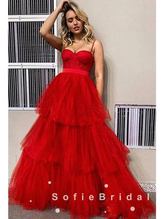 A-Line Sweetheart Spaghetti Straps Red Tulle Long Prom Dresses,SFPD0003