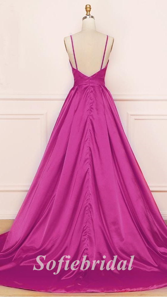 Sexy Soft Satin Spaghetti Straps V-Neck Sleeveless Backless A-Line Long Prom Dresses,PD0769