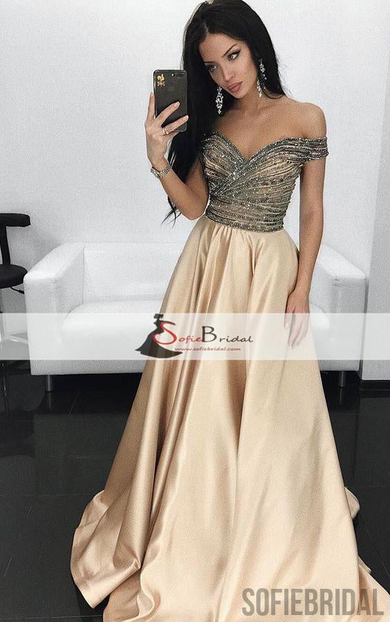 Off  Shoulder Beaded Top A-line Satin Prom Dresses, Gorgeous Long Prom Dresses, PD0465