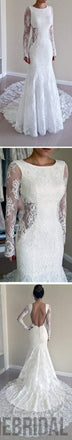Gorgeous Round Neck Long Sleeve Sexy Mermaid Backless Lace Wedding Party Dresses, WD0040