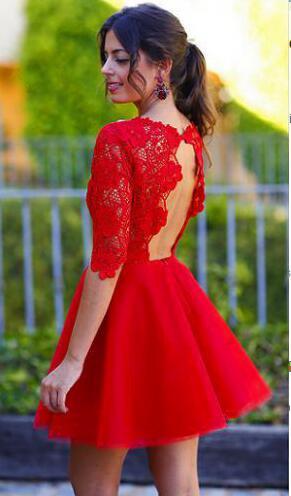 Red Sexy Long sleeve open back lace homecoming prom dresses, CM0002