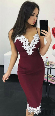 Sheath Spaghetti Straps Knee-Length Appliques Homecoming Dresses, HD0121