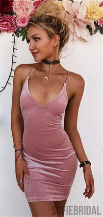 Sheath Spaghetti Straps Short Pink Velvet Homecoming Dress, HD0123