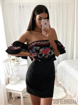 Off-shoulder Sheath Embroidery Black Satin Homecoming Dress, HD0126