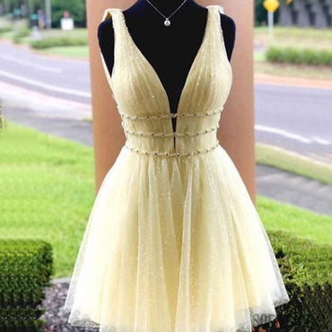 A-line V-neck Sparkly Yellow Tulle Beading Short Homecoming Dress, HD0167